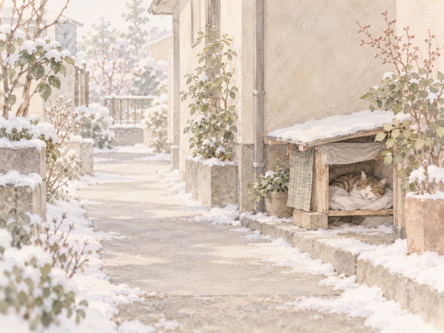 外猫の寝場所を周囲に配慮して目立ちにくく設置したイラスト