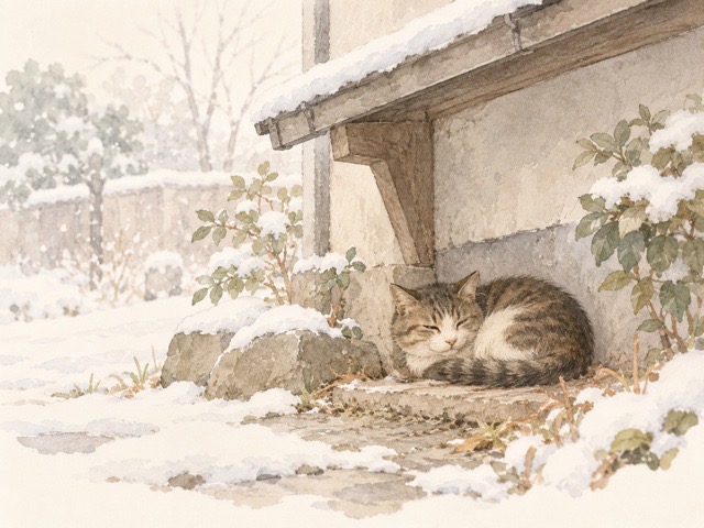 冬に外で風や雨を避けながら過ごす猫のイラスト