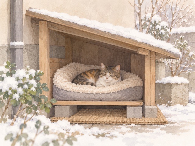 外猫のために雨風を避けやすく乾いた寝場所を整えたイラスト
