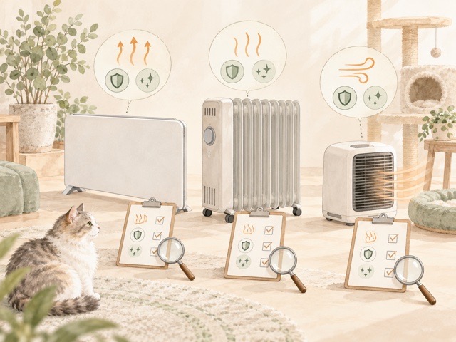 猫のいる家で暖房器具の暖まり方や安全機能を比較する水彩イラスト
