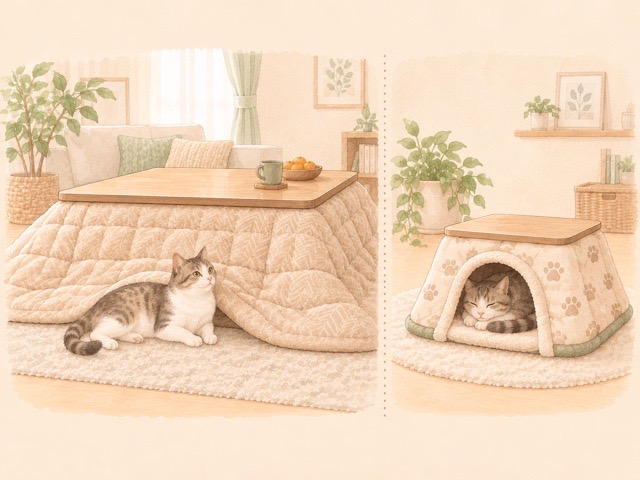 一般的なこたつと猫用こたつを並べて、大きさや使い方の違いがわかるようにした説明イラスト