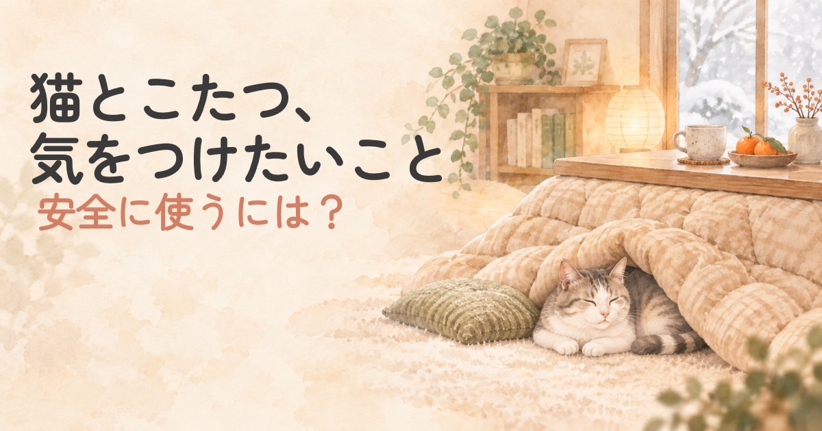 こたつのそばで落ち着いて過ごす猫を描いたやさしい水彩タッチのアイキャッチイラスト